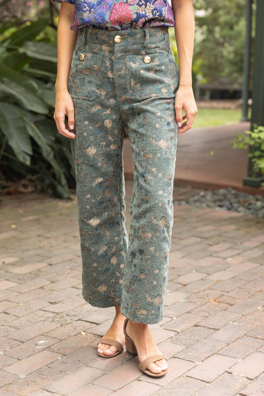 Gold Button Velvet Jaquard Wide Leg Pants