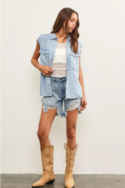 Cap Sleeve Button Up Denim Shirt