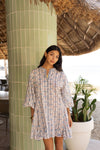 Sky Blue Belted Color Block Floral Shirt Dress
