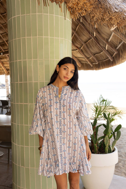 Sky Blue Belted Color Block Floral Shirt Dress