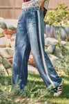 Wide Leg Faux Denim Track Pants With Side Stripes