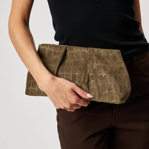 Elva Croc Embossed Faux Suede Clutch