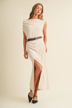 Sueded Knit Asymmetric Belted Cowl Dress