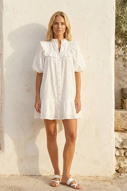Ruffle Shoulder Cotton  Mini Dress