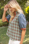Stripe Denim Sleeve Houndstooth Tweed Top