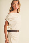 Sueded Knit Asymmetric Belted Cowl Dress