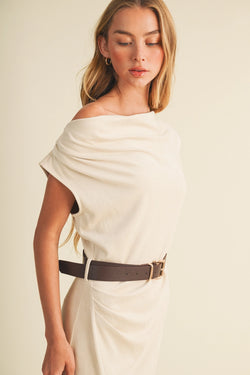 Sueded Knit Asymmetric Belted Cowl Dress