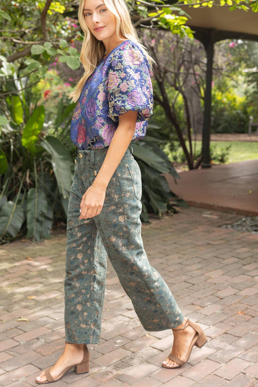 Gold Button Velvet Jaquard Wide Leg Pants
