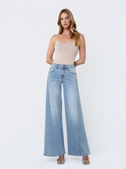 Mid Rise Light Wash Twisted Seam Palazzo Jeans