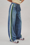 Wide Leg Faux Denim Track Pants With Side Stripes