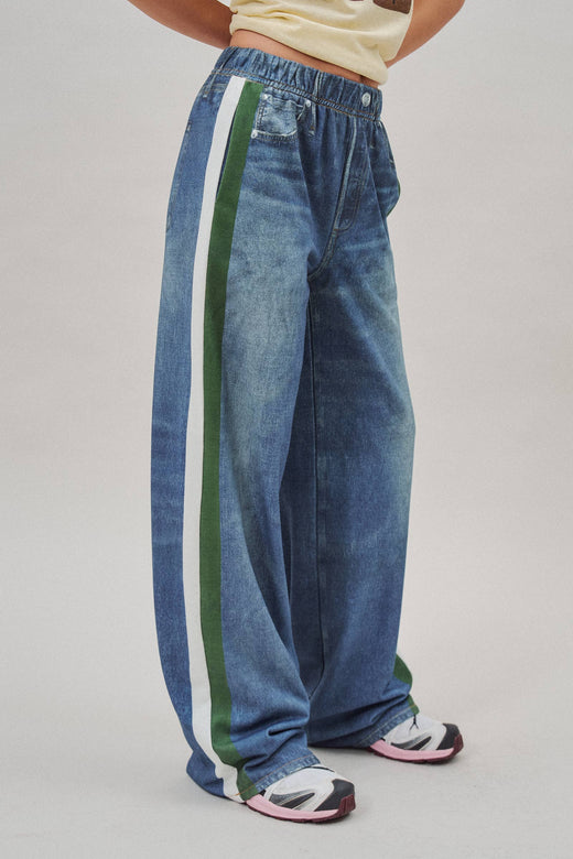 Wide Leg Faux Denim Track Pants With Side Stripes