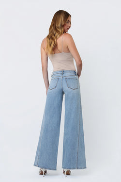 Mid Rise Light Wash Twisted Seam Palazzo Jeans