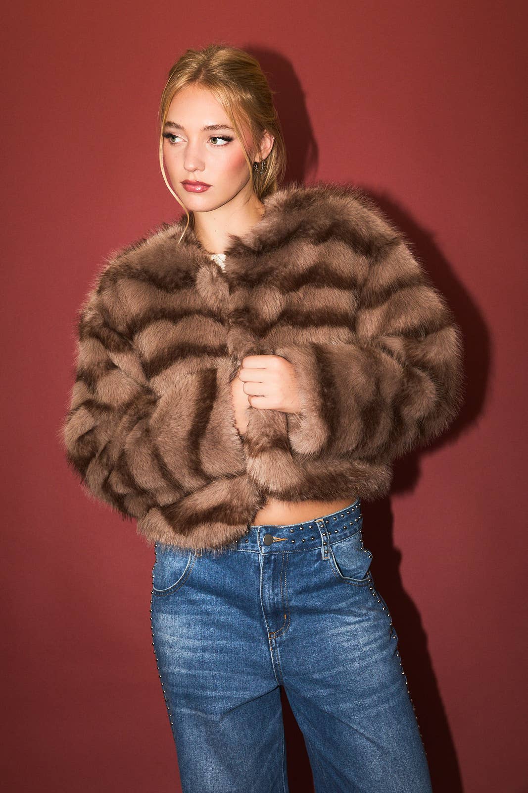 Round Neck Faux Fur Crop Coat