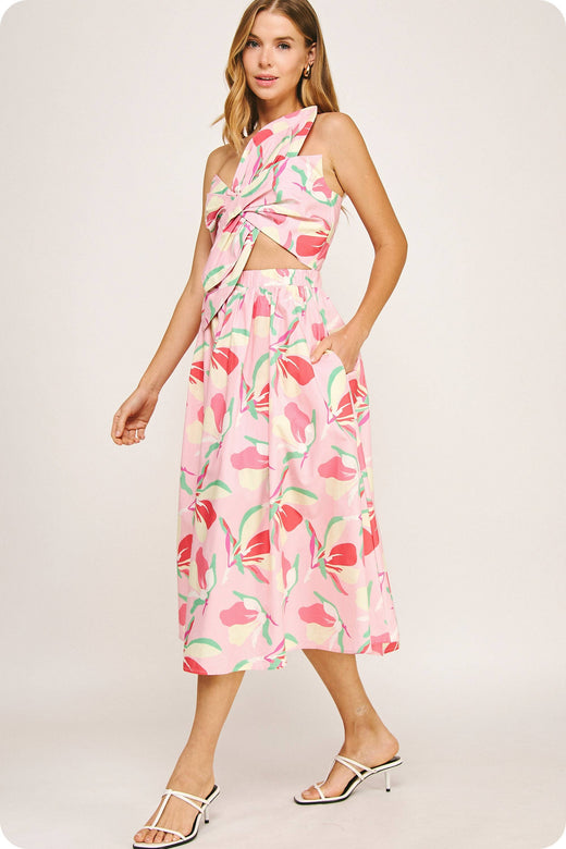 Knotted Flower Bow Floral Midi Dress
