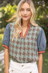Stripe Denim Sleeve Houndstooth Tweed Top