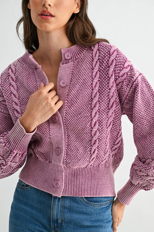 Washed Blended Berry Cable Knit Cardigan