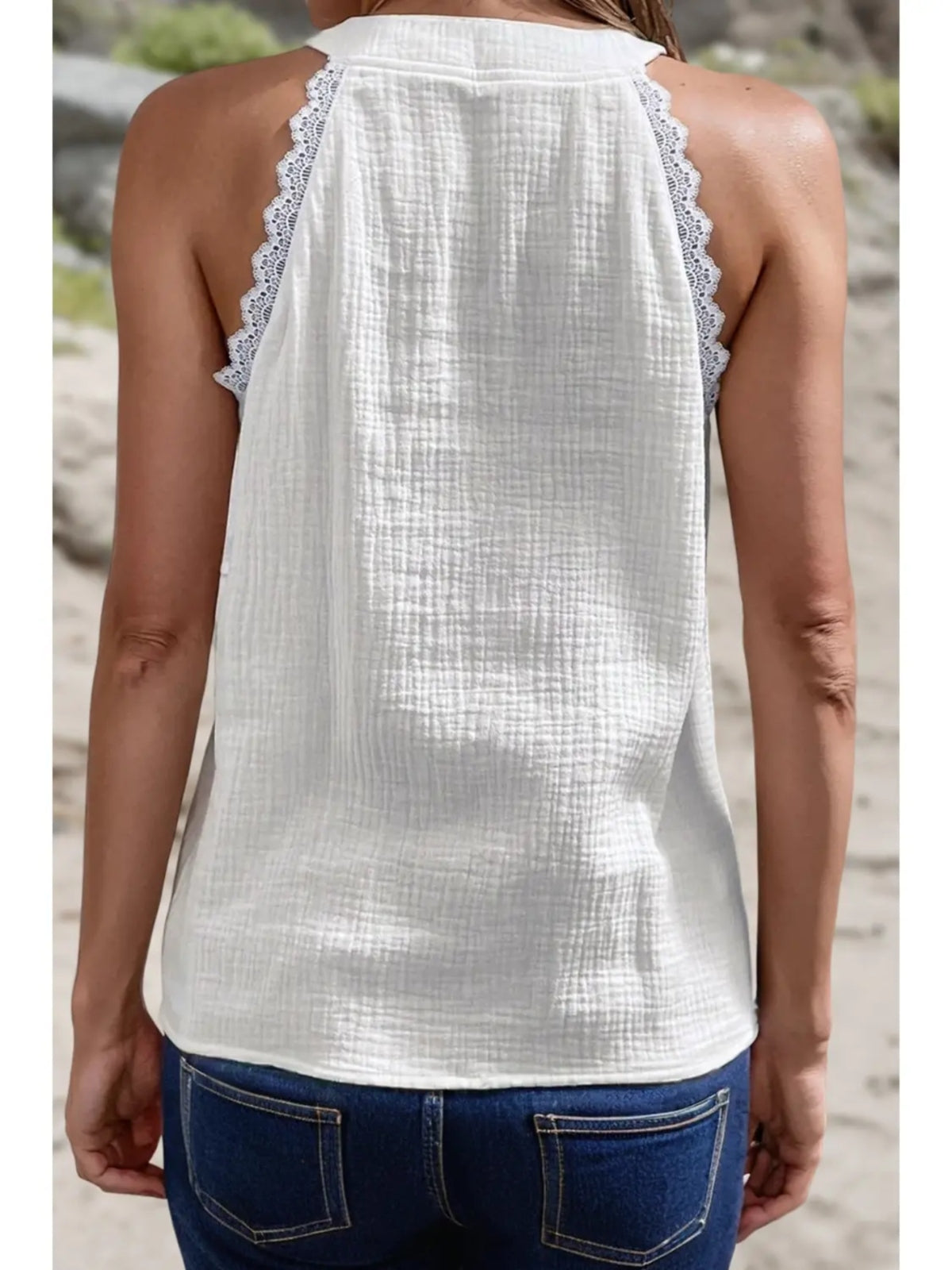 Cotton Textured Lace Trim Sleeveless Top