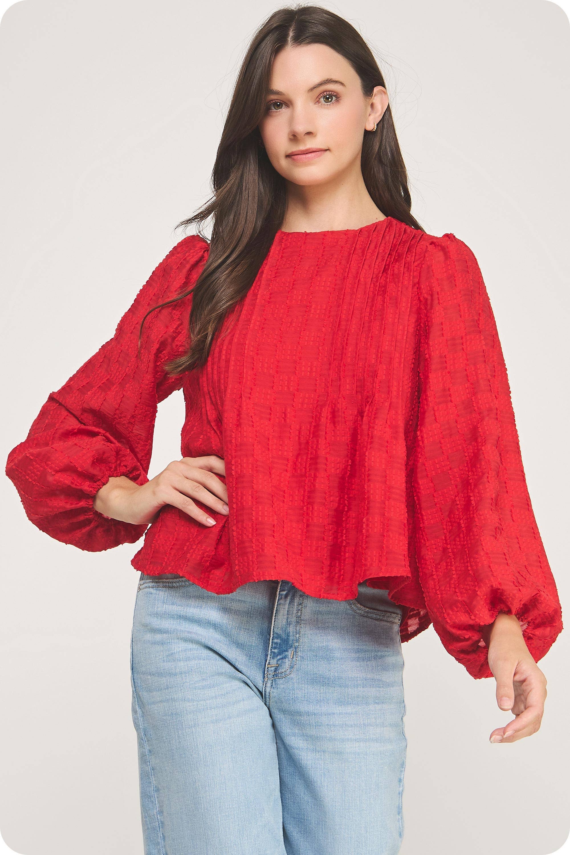 Pintuck Textured Puff Blouse