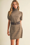 Belted Ribbed Turtleneck Heathered Knit Dress