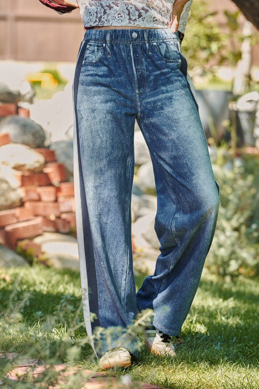 Wide Leg Faux Denim Track Pants With Side Stripes