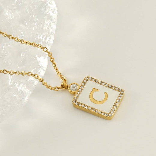Rhinestone Shell Initial Charm Necklace