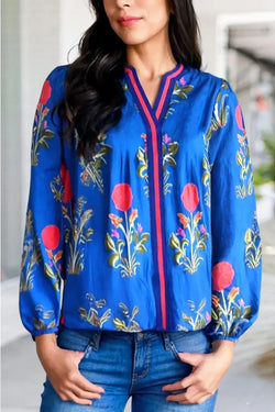 Floral Print Colorblock Long Sleeve Blouse |