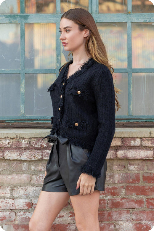 Frayed Trim Textured Cardigan