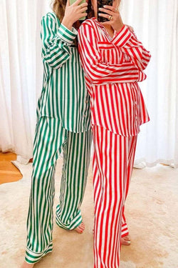 Home Satin Vertical Striped Christmas Pajama Set