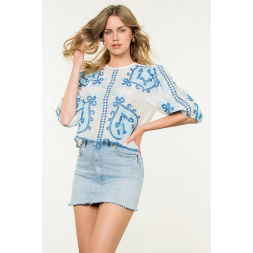 Short Sleeve Embroidered Textured Top