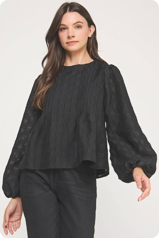 Pintuck Check Textured Puff Sleeve Blouse