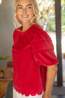 Scalloped Hemline Bubble Sleeve Solid Corduroy Top