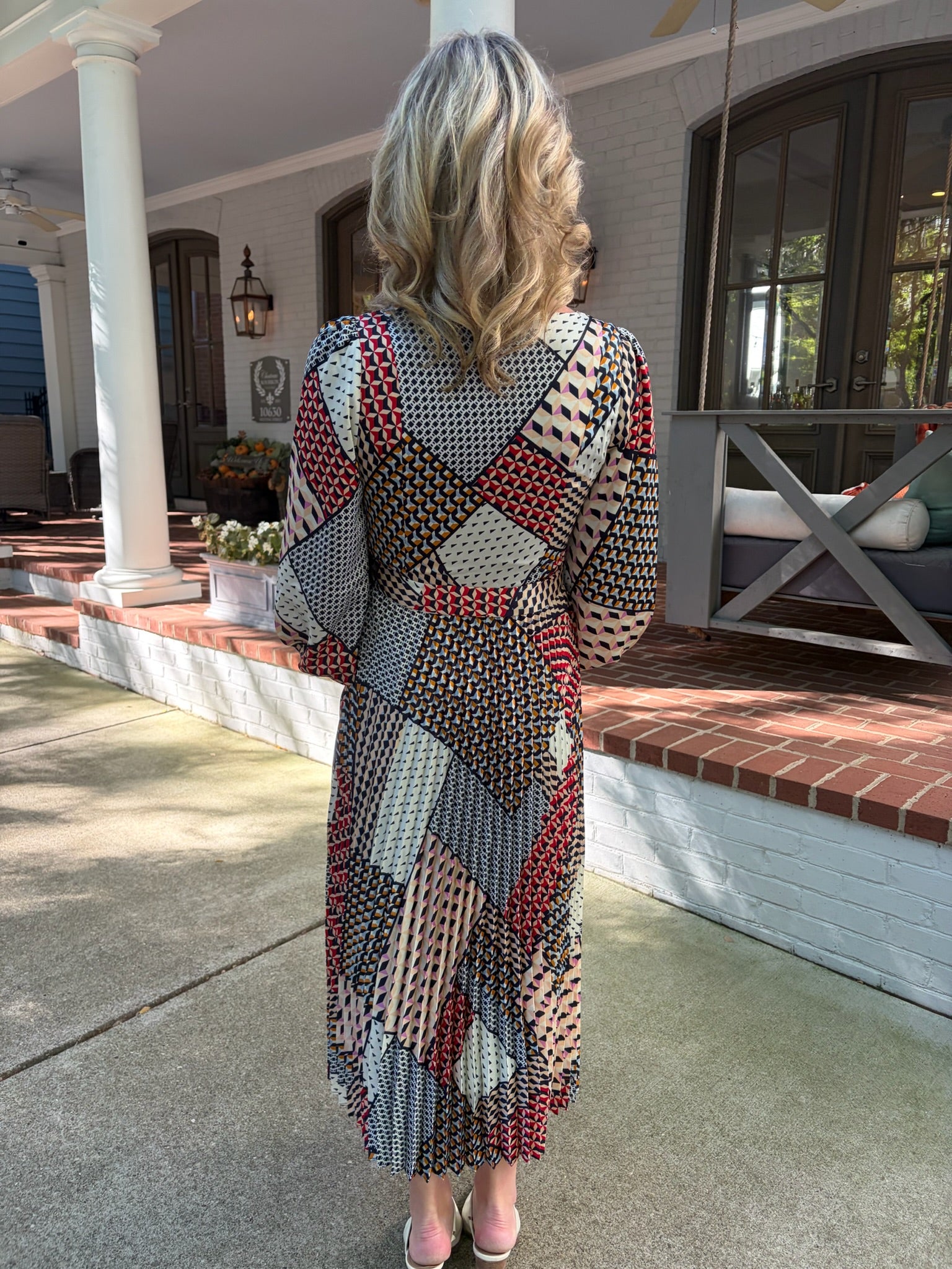 Geometric Pleated Midi Dress