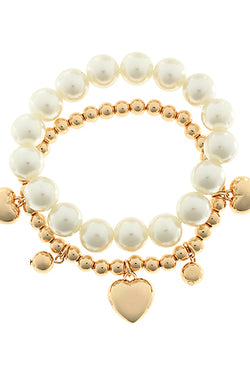 2 Row Heart Charm & Pearl Bracelet Set