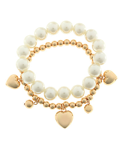 2 Row Heart Charm & Pearl Bracelet Set