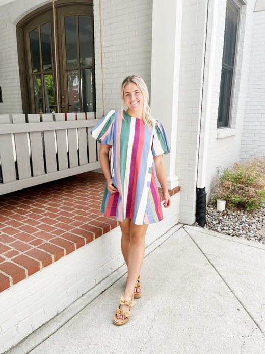 Striped Bubble Sleeve Mini Dress