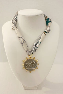 Multi Detailed Horse Two Tone Pendant Scarf Charm Necklace