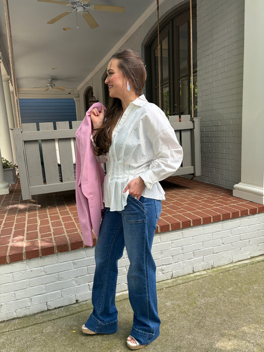Classic Collar Pleated Button-Down Blouse
