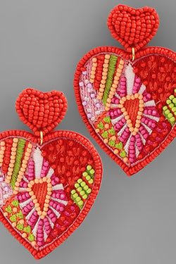 Seed Bead Heart Dangle Earrings