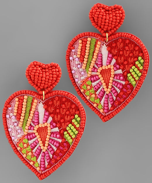 Seed Bead Heart Dangle Earrings