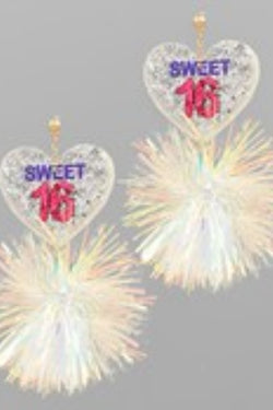 Pompom & Glitter Sweet 16 Heart Earrings