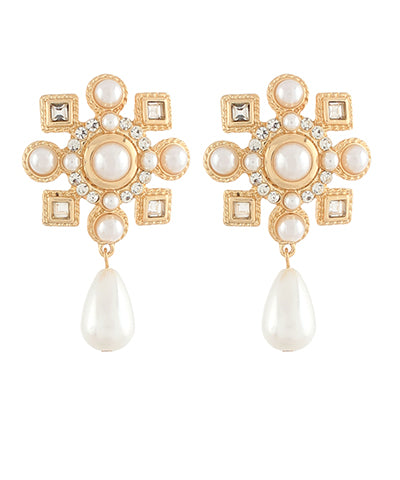 Pave Flower Pearl Earrings