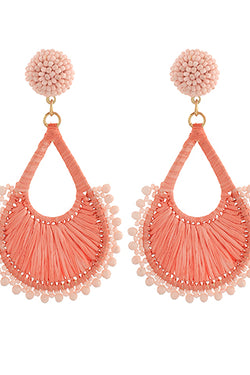 Beaded Teardrop Raffia Drop Earrings