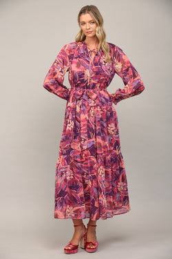 Abstract Print WIth Lurex Chiffon Tiered Maxi Dress