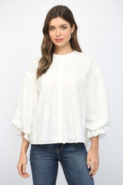 Embroidered Eyelet Bubble Sleeve Shirt