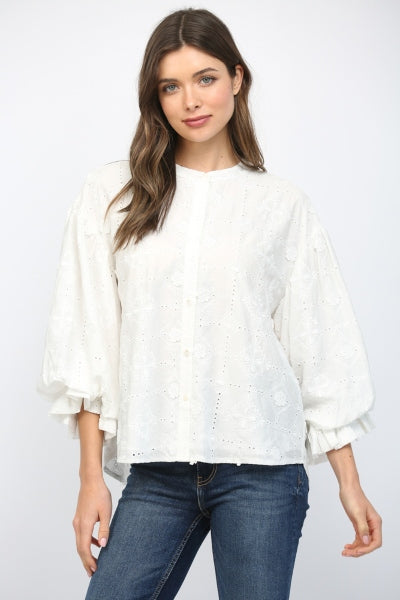 Embroidered Eyelet Bubble Sleeve Shirt