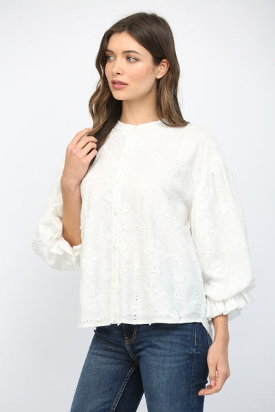 Embroidered Eyelet Bubble Sleeve Shirt