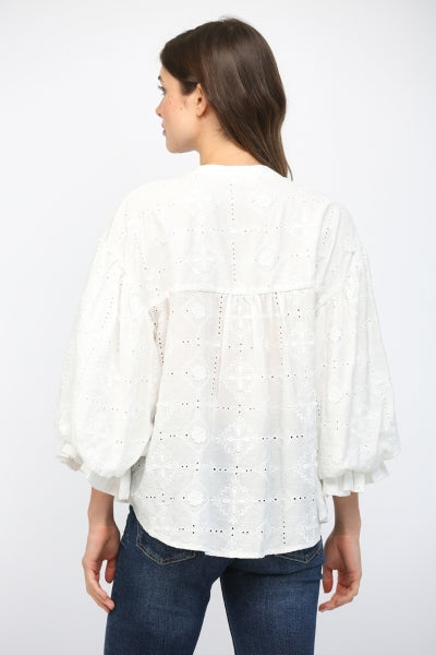 Embroidered Eyelet Bubble Sleeve Shirt