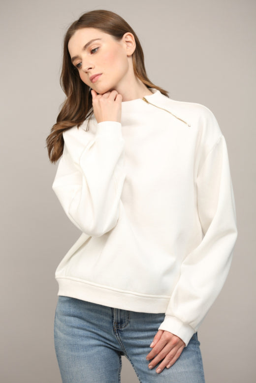 Zipper Trimmed Round Neck Sweatshirt