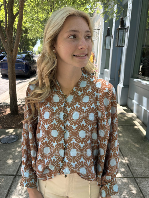 Blue & Brown Button Up Blouse