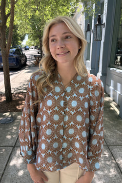 Blue & Brown Button Up Blouse
